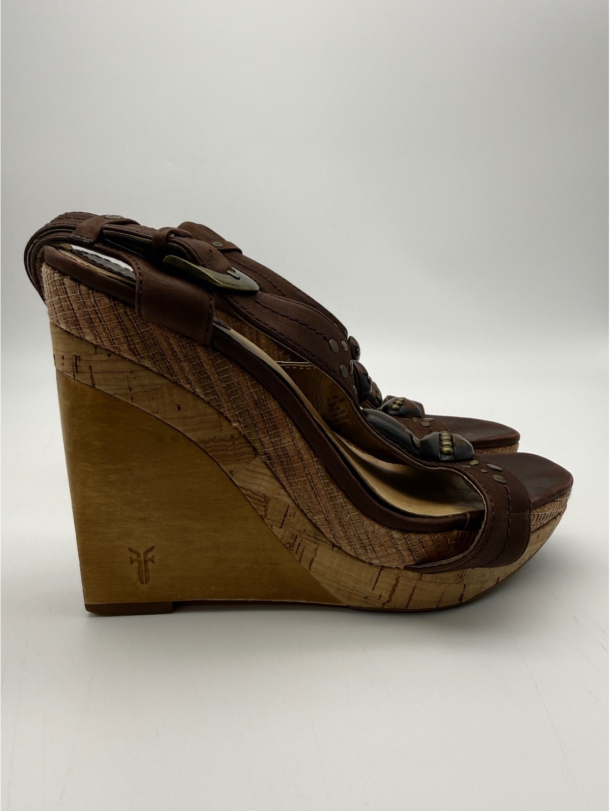 Frye Bridget Ornament Womens Tan Leather Wedge Sandals Platform Size 6